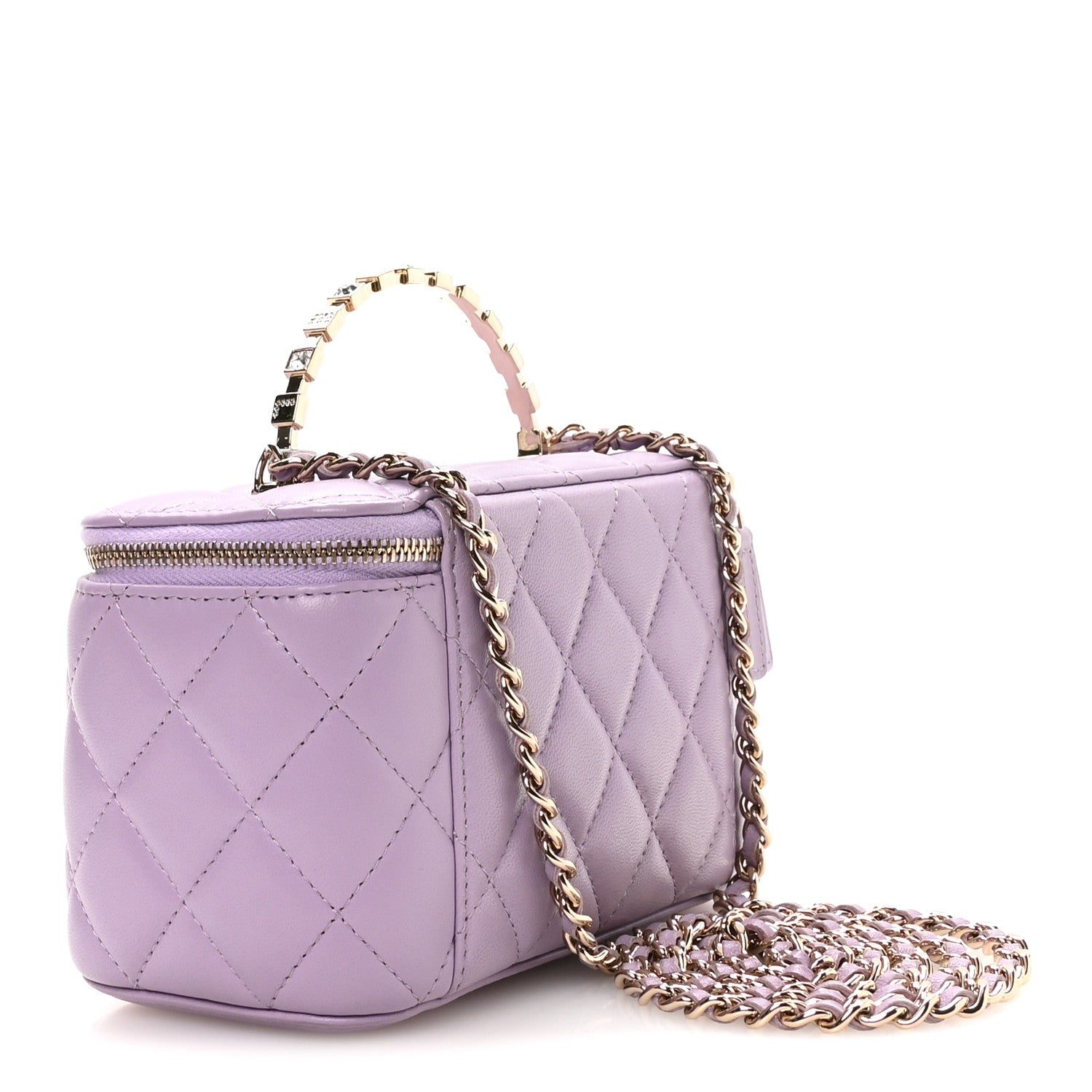 Chanel Lambskin Quilted Baguette Crystal Top Handle Vanity Case With Chain Purple 7 of 23
