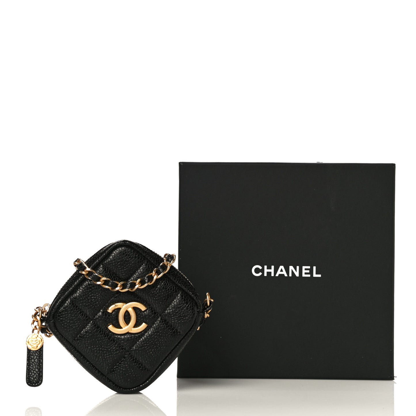 Caviar Quilted Diamond Coin Purse With Chain Black