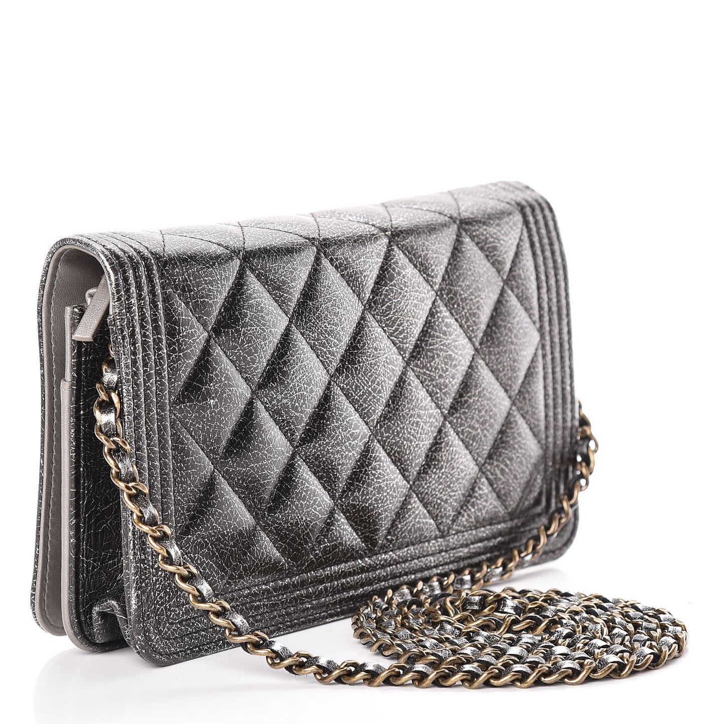 Cracked Metallic Calfskin Quilted Boy Wallet On Chain WOC Dark Silver