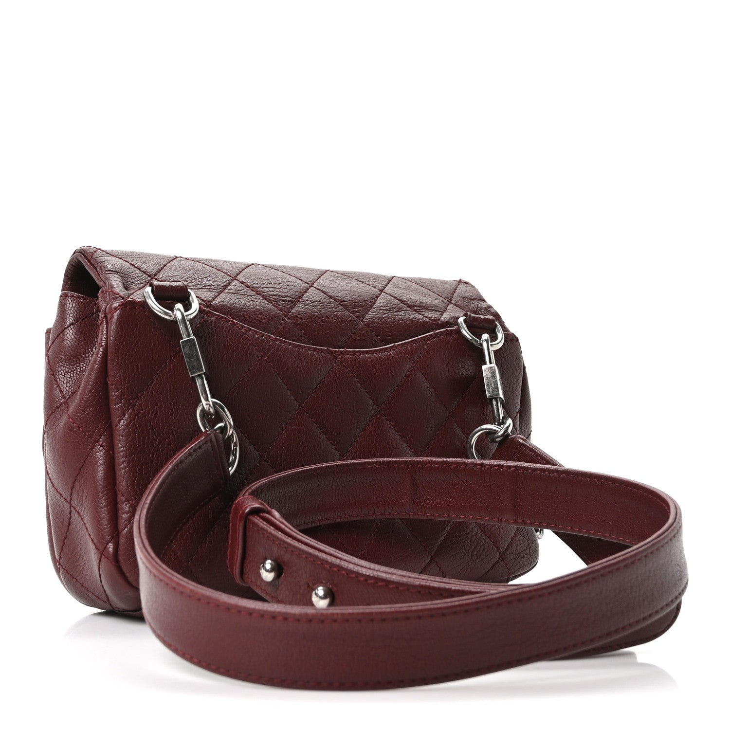 Chanel Shiny Goatskin Quilted Small Double Carry Waist Chain Flap Burgundy 3 of 10