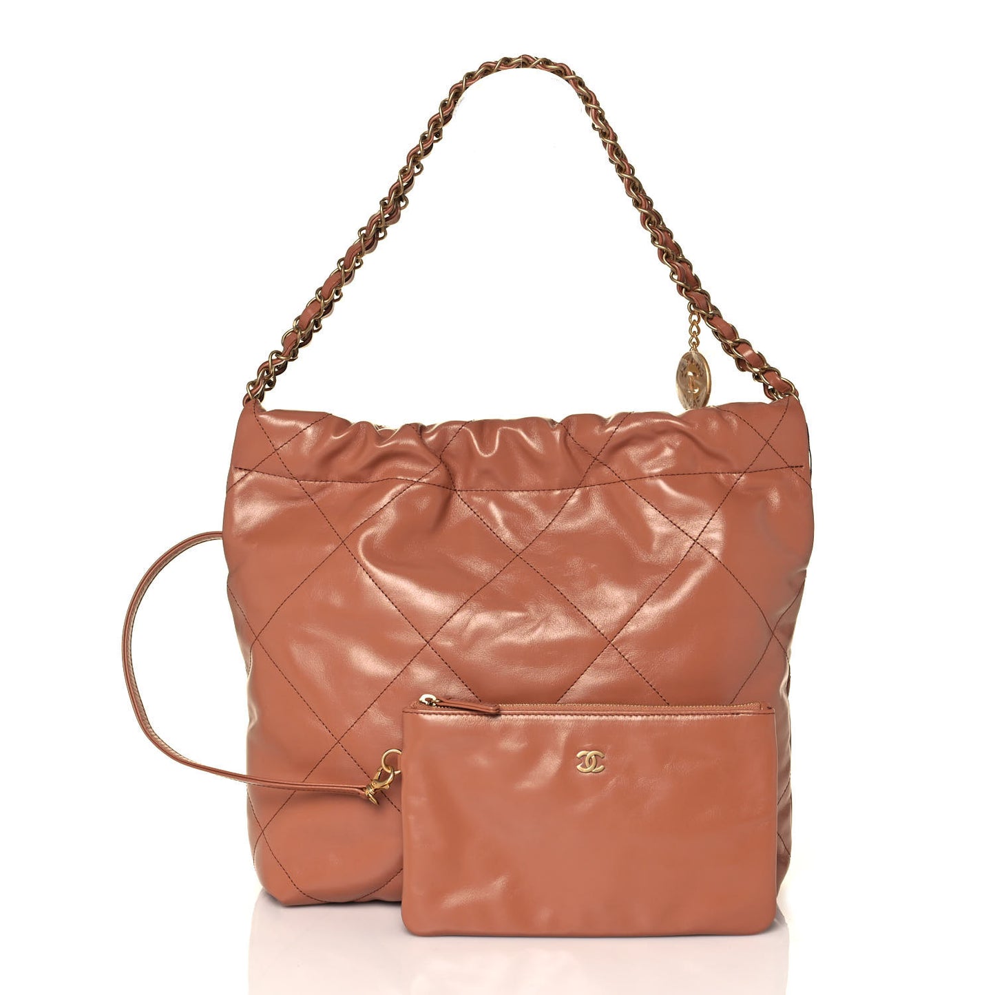 Shiny Calfskin Quilted Small Chanel 22 Camel