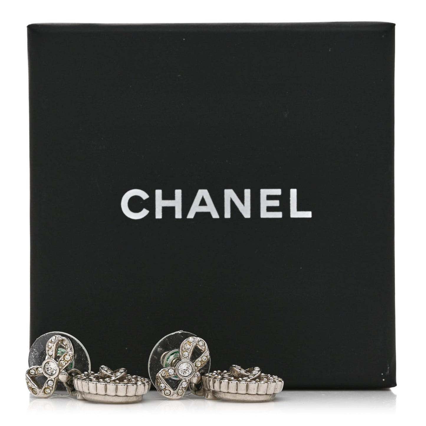 Crystal CC Bow Drop Earrings Silver
