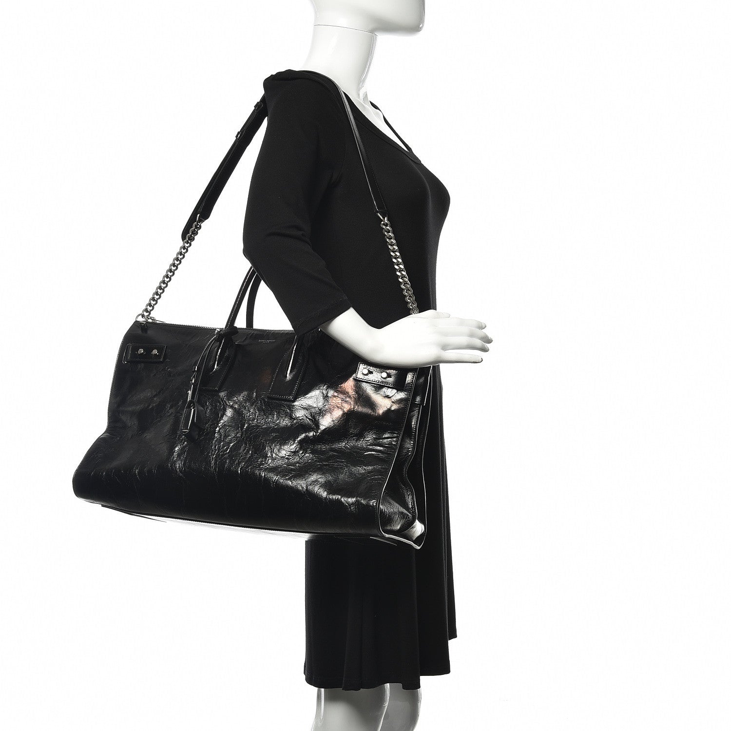 Saint Laurent Cracked Shiny Calfskin Souple 36H Sac De Jour Duffle Black 2 of 10