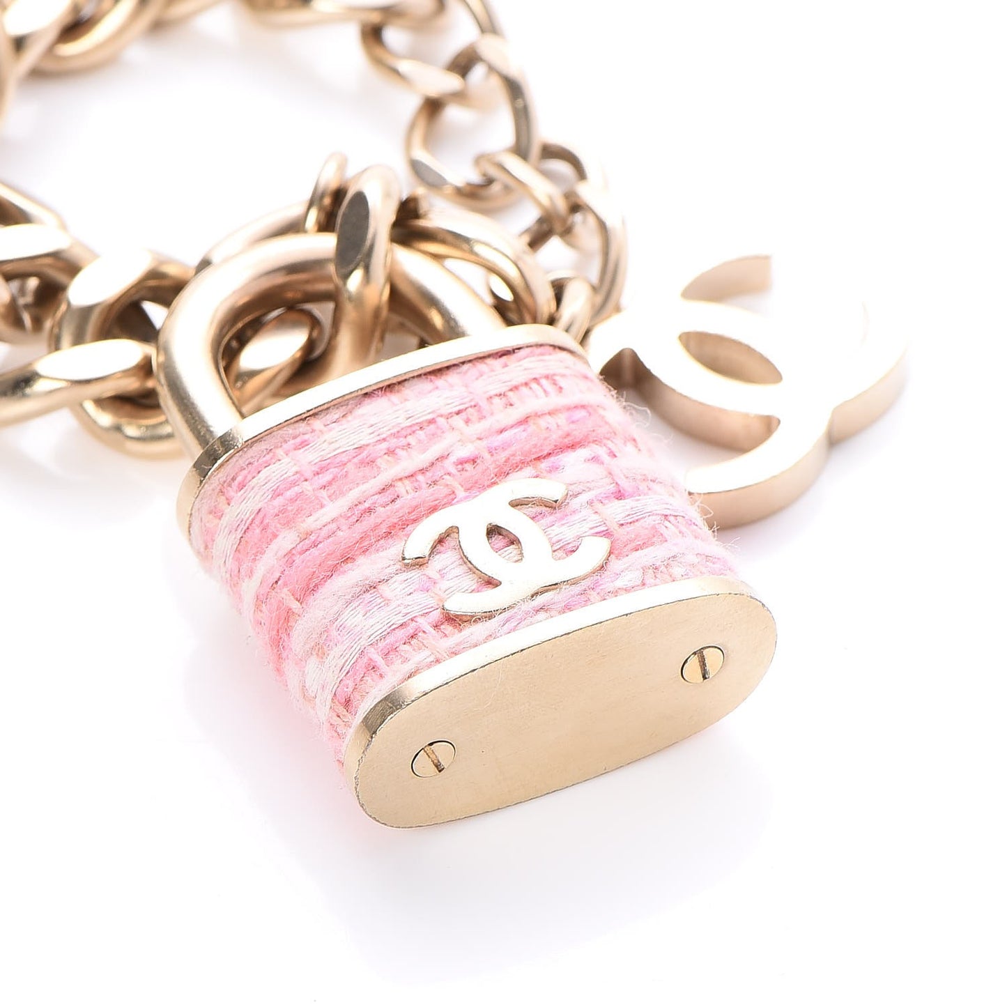 Tweed CC Padlock Bracelet Gold Pink