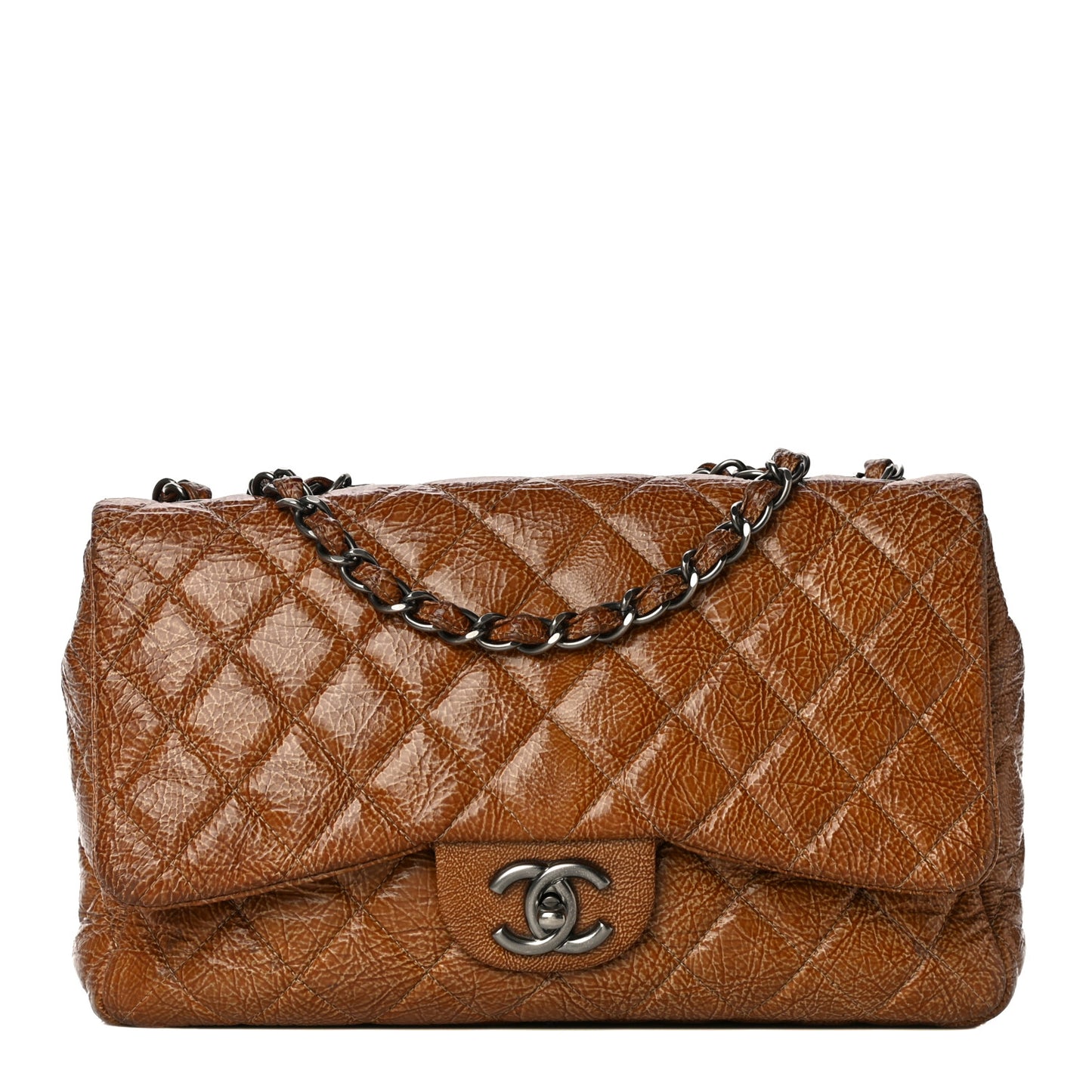 Crinkled Patent Quilted Jumbo Single Flap Beige