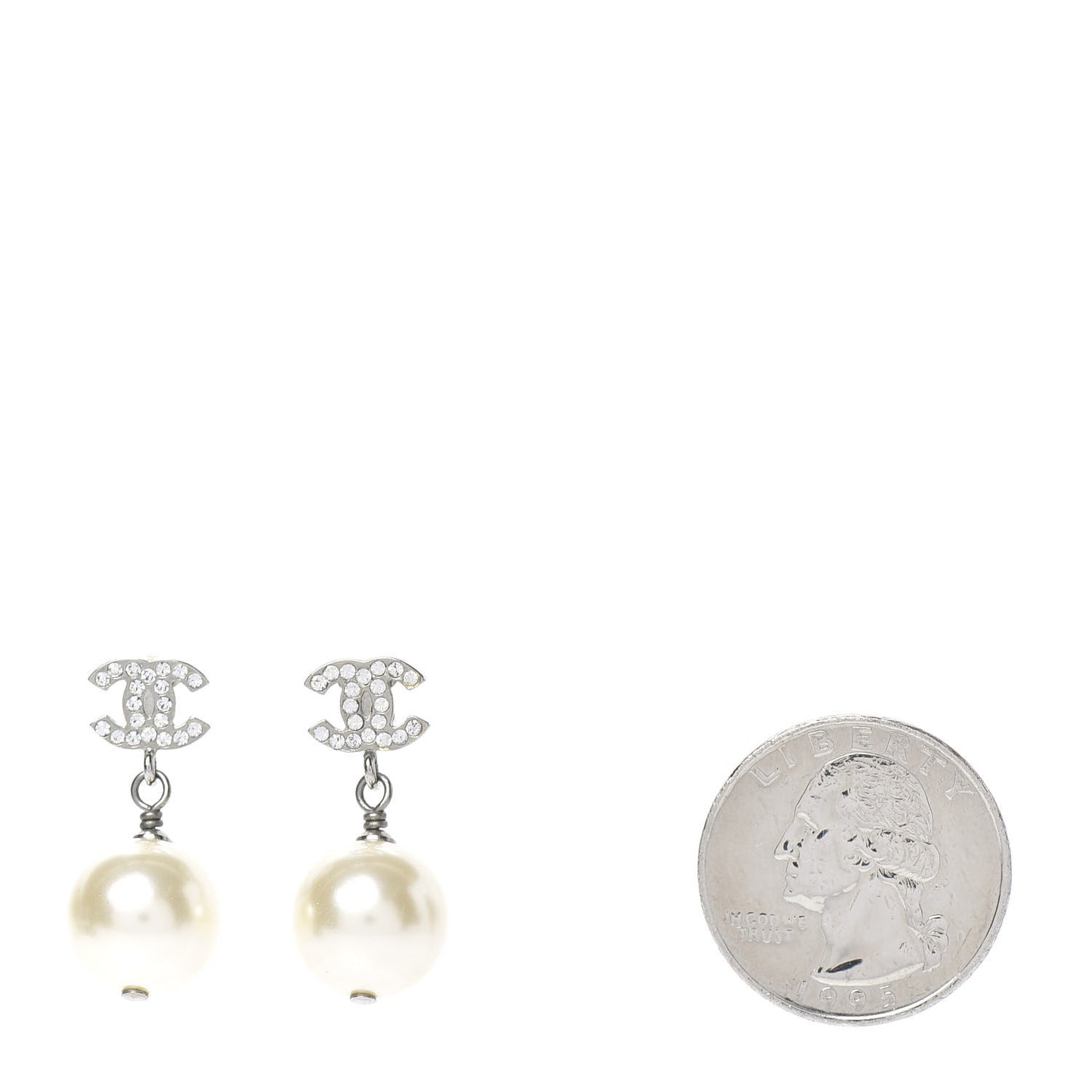 Crystal Pearl CC Drop Earrings Silver Pearly White