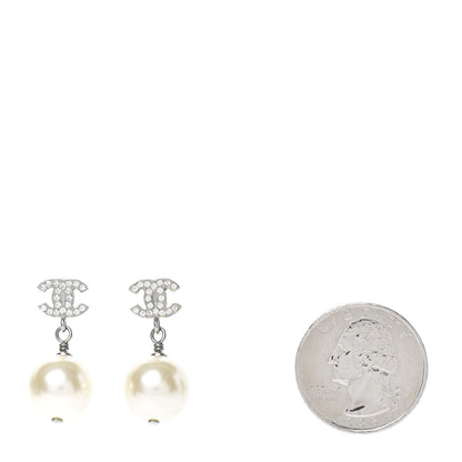 Chanel Crystal Pearl CC Drop Earrings Silver Pearly White 2 of 5