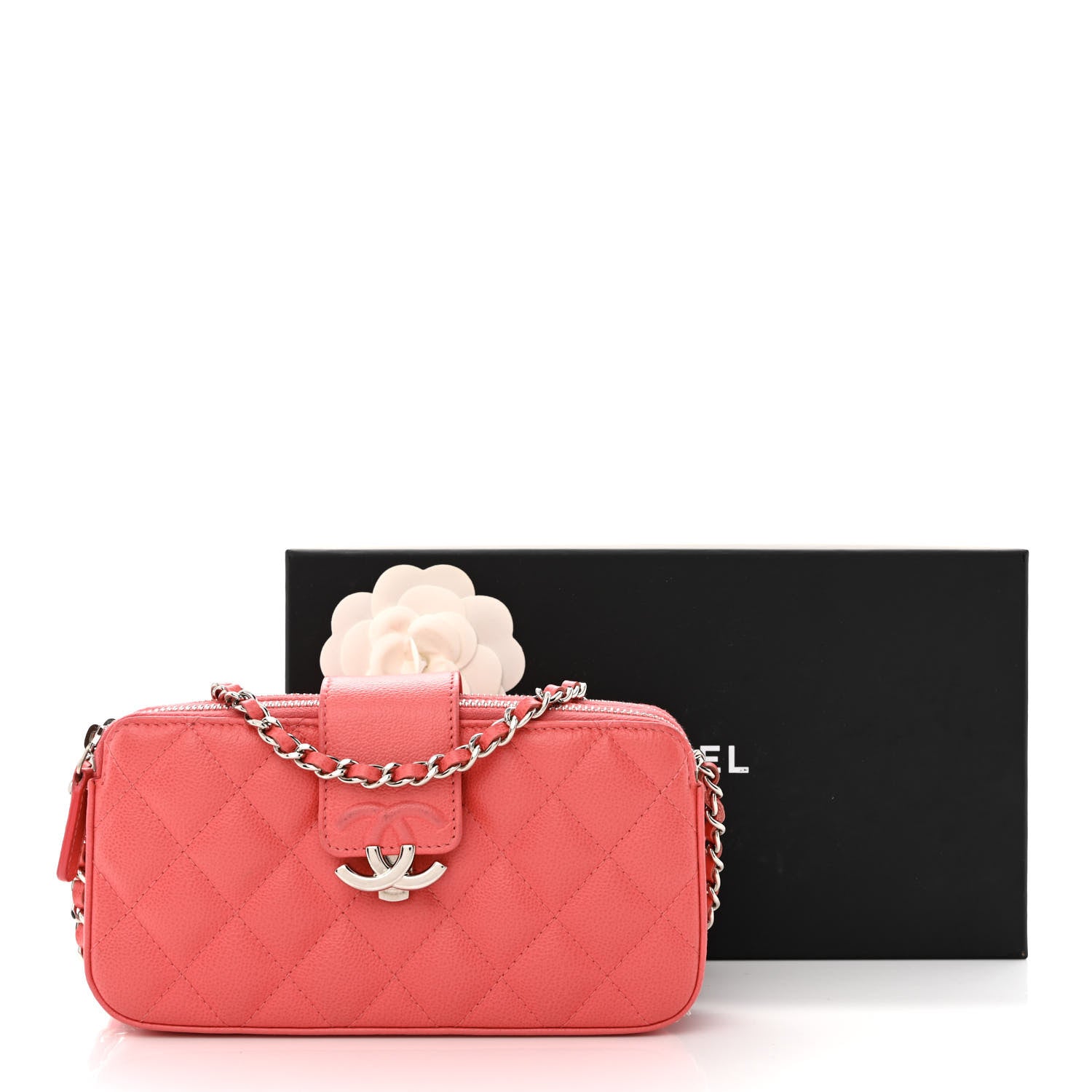 Chanel Caviar Quilted CC Box Clutch With Chain Coral 15 of 15