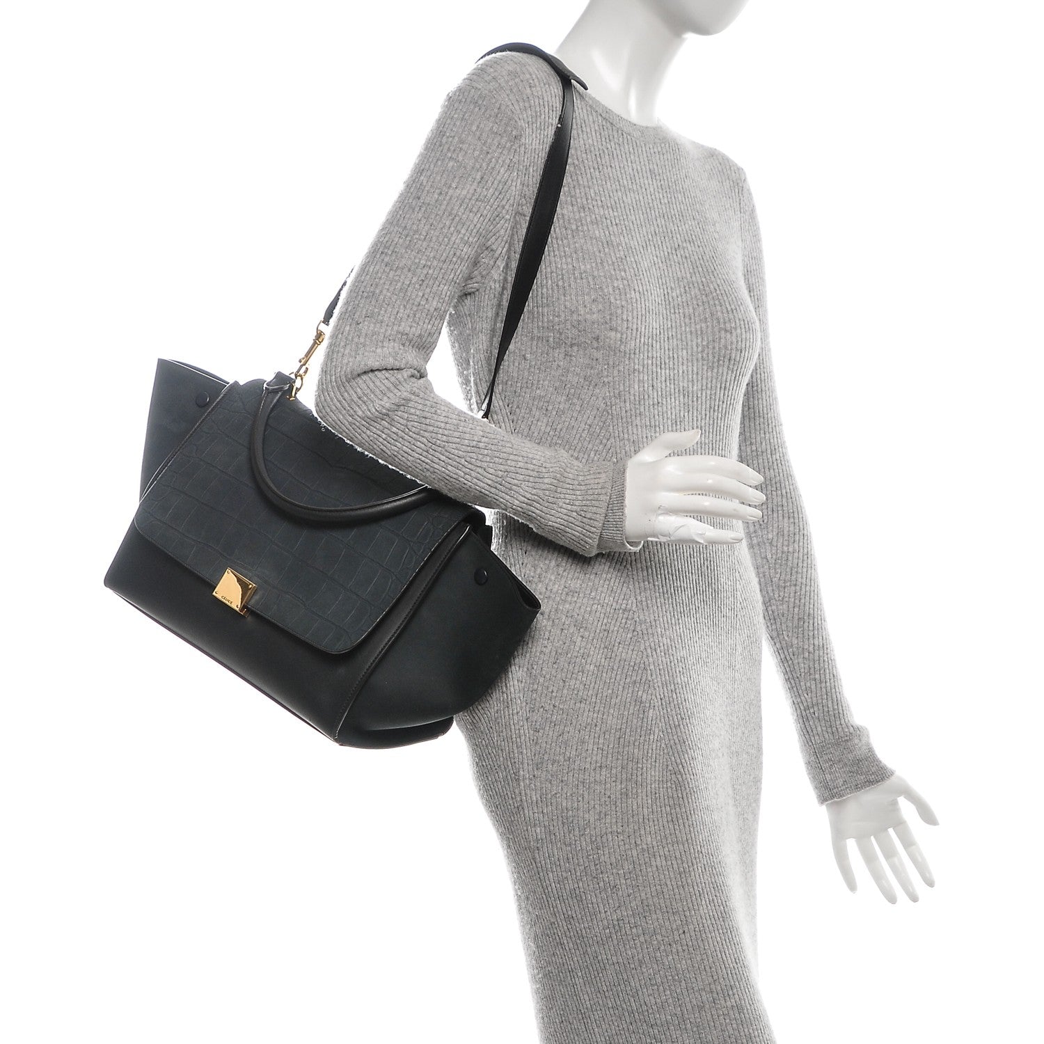 Celine Nubuck Crocodile Embossed Medium Trapeze Navy 2 of 6