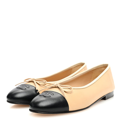 Chanel Lambskin Cap Toe CC Ballerina Flats 39 Beige Black 2 of 8