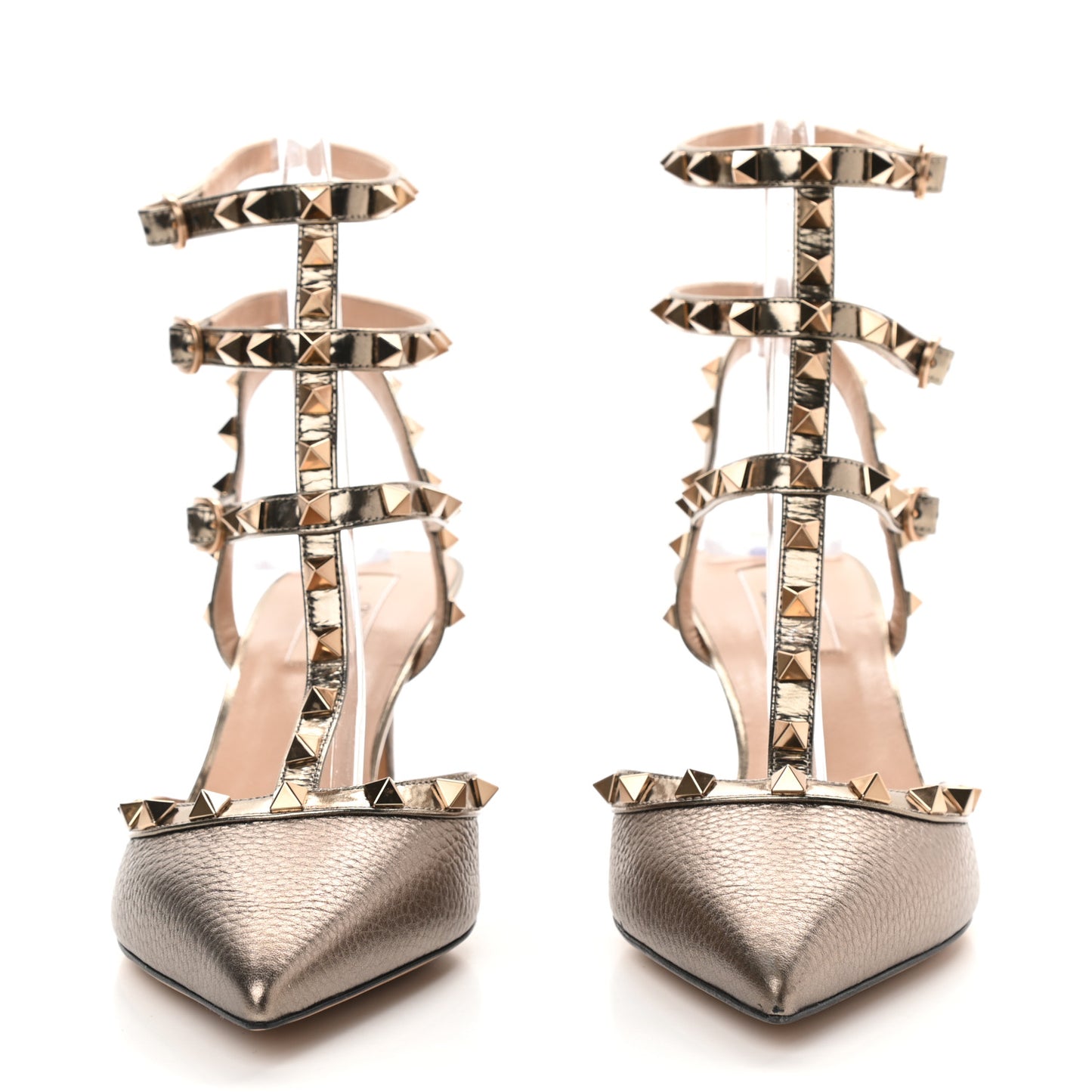 Metallic Pebbled Calfskin Patent Rockstud Ankle Strap 65mm Pumps 40.5 Sasso