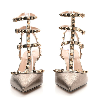 Valentino Garavani Metallic Pebbled Calfskin Patent Rockstud Ankle Strap 65mm Pumps 40.5 Sasso 2 of 8