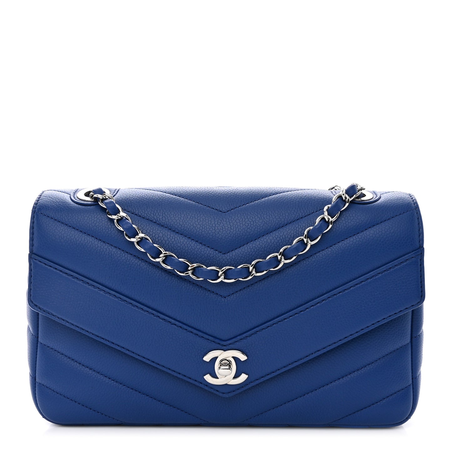 Caviar Chevron Quilted Single Flap Blue