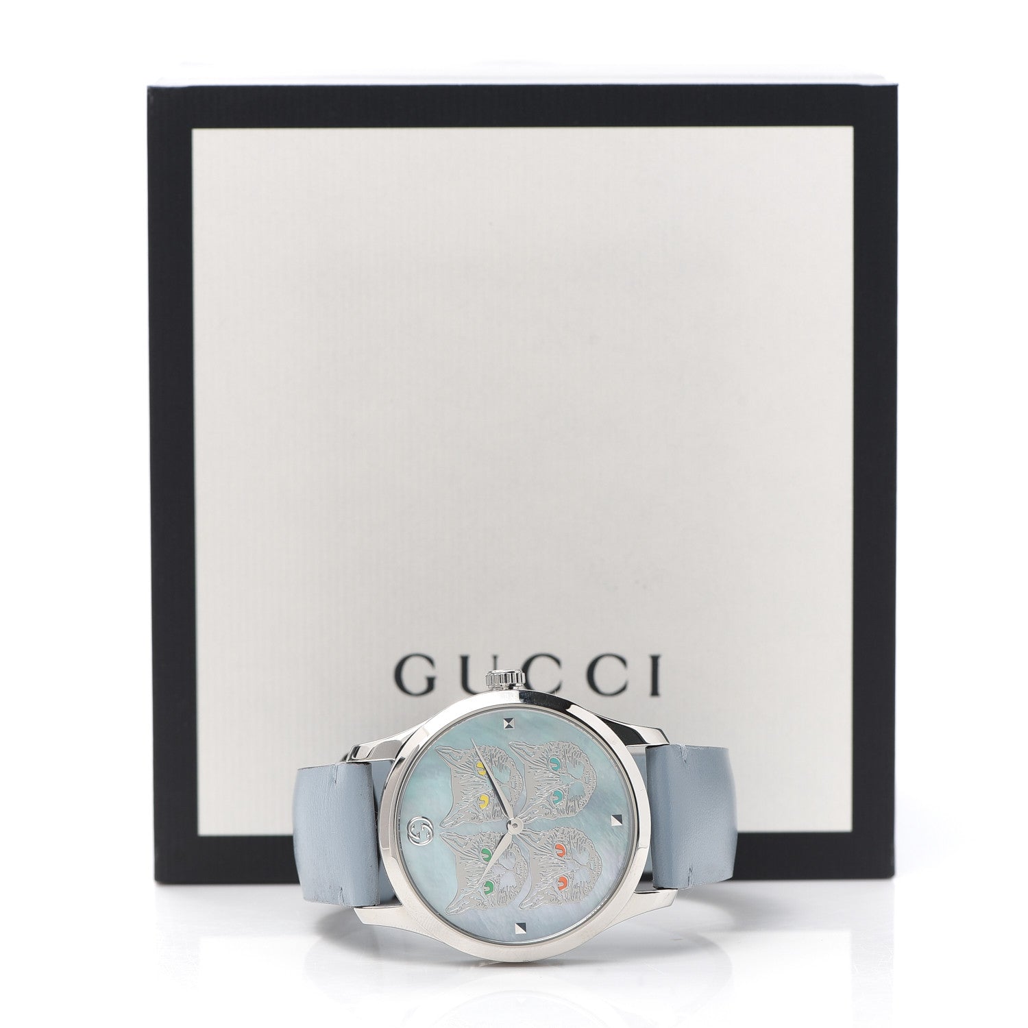 Gucci Stainless Steel Calfskin Blue Mother of Pearl 38mm G-Timeless Cat Quartz Watch 5 of 5