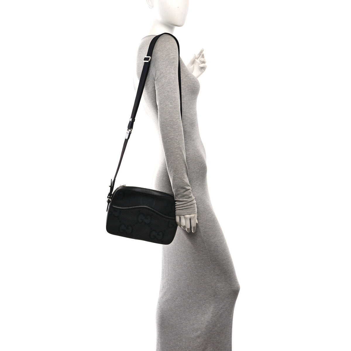 Gucci Monogram Jumbo GG Textured Dollar Calfskin Web Messenger Shoulder Bag Black 2 of 11