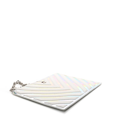Chanel Lambskin Metallic Chevron Zip Pouch White Silver 4 of 9