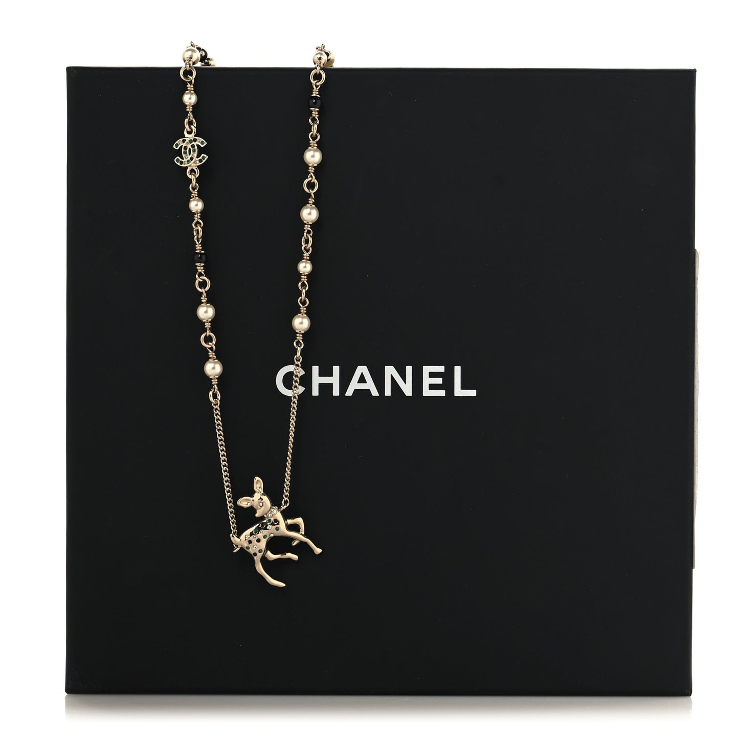 Pearl Crystal CC Deer Long Necklace Gold Green