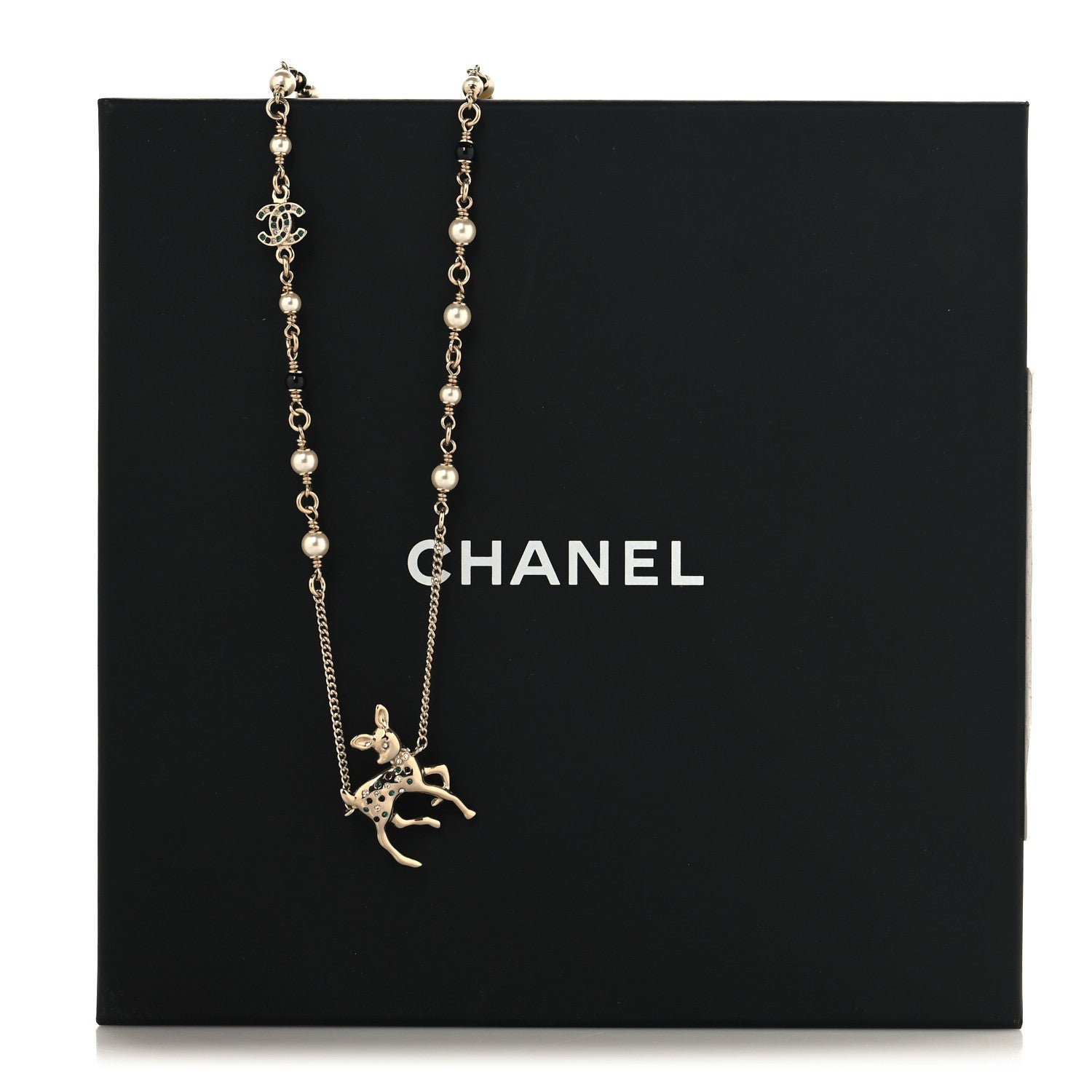 Chanel Pearl Crystal CC Deer Long Necklace Gold Green 5 of 5