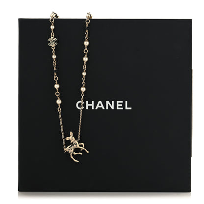 Chanel Pearl Crystal CC Deer Long Necklace Gold Green 5 of 5