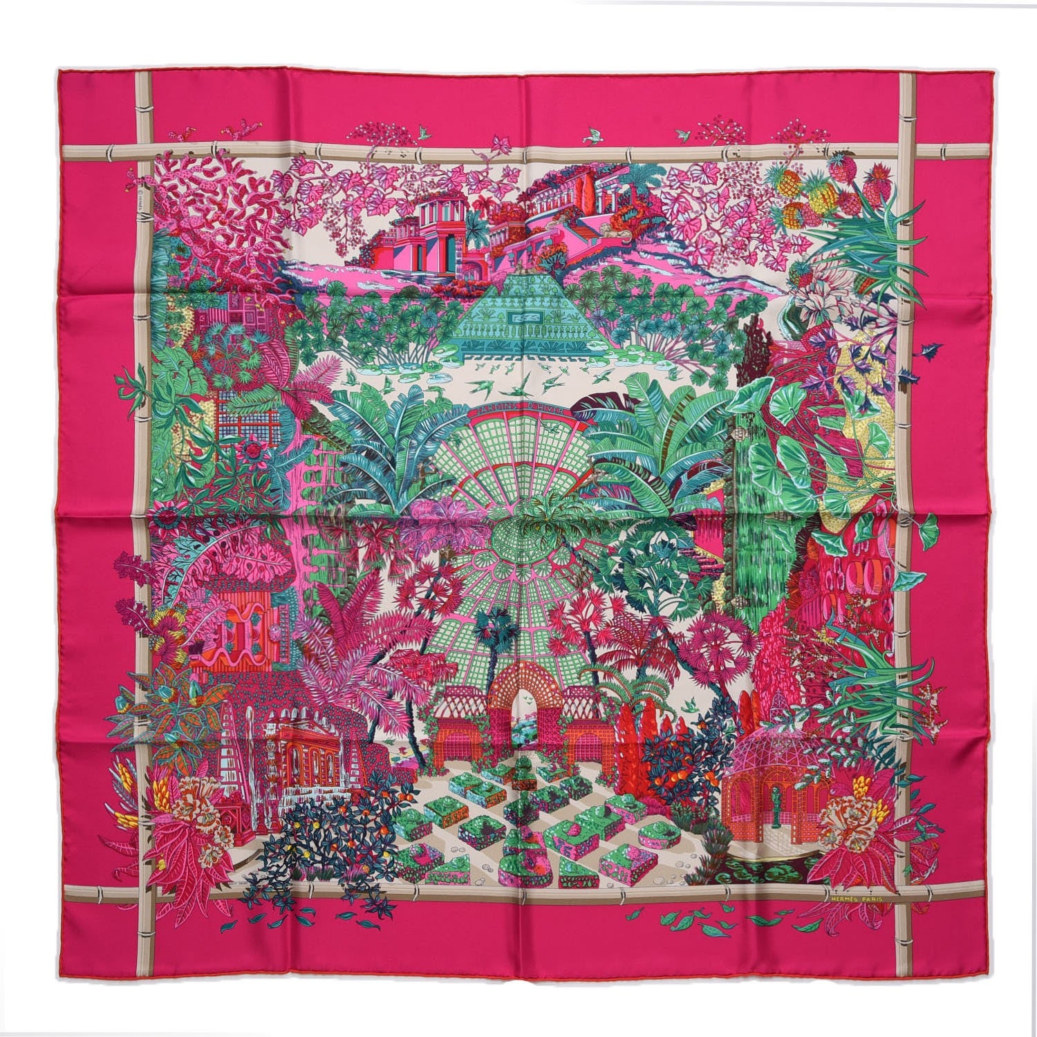 Hermes Silk Jardins D Hiver Scarf 90 Rose Vif Vert Creme 1 of 5