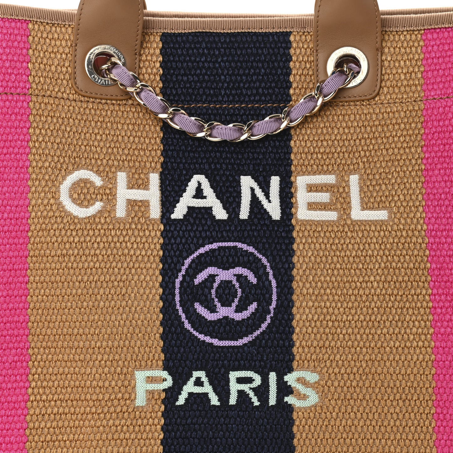Straw Raffia Calfskin Striped Large Deauville Tote Dark Beige Fuchsia Navy Blue