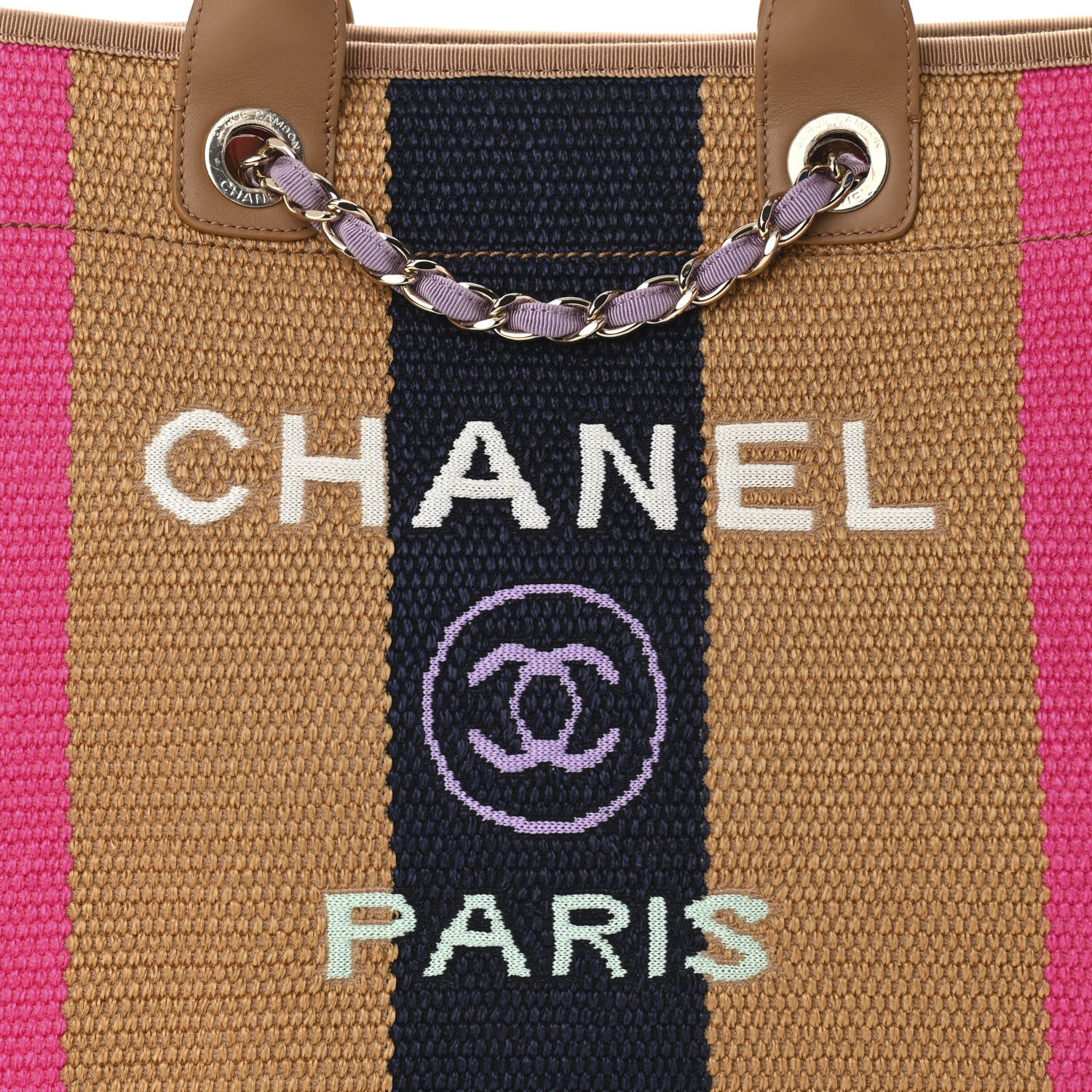 Chanel Straw Raffia Calfskin Striped Large Deauville Tote Dark Beige Fuchsia Navy Blue 7 of 9