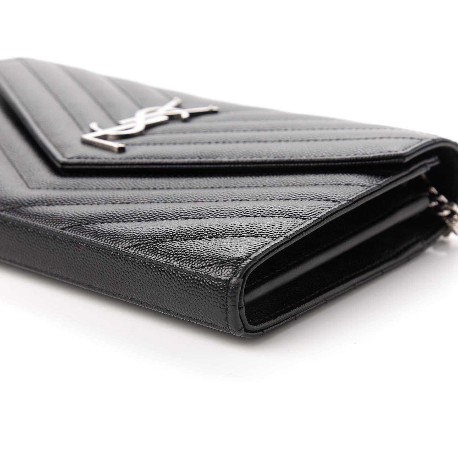 Saint Laurent Grain De Poudre Matelasse Chevron Monogram Chain Wallet Black 7 of 11