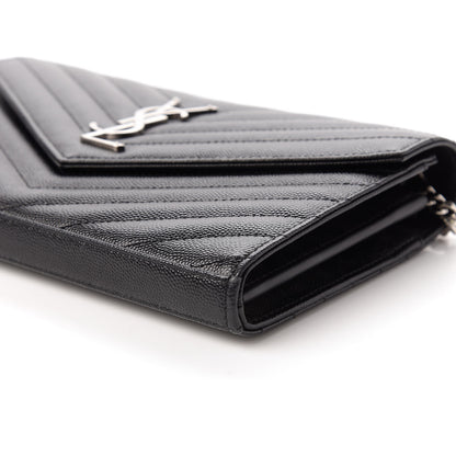 Saint Laurent Grain De Poudre Matelasse Chevron Monogram Chain Wallet Black 7 of 11