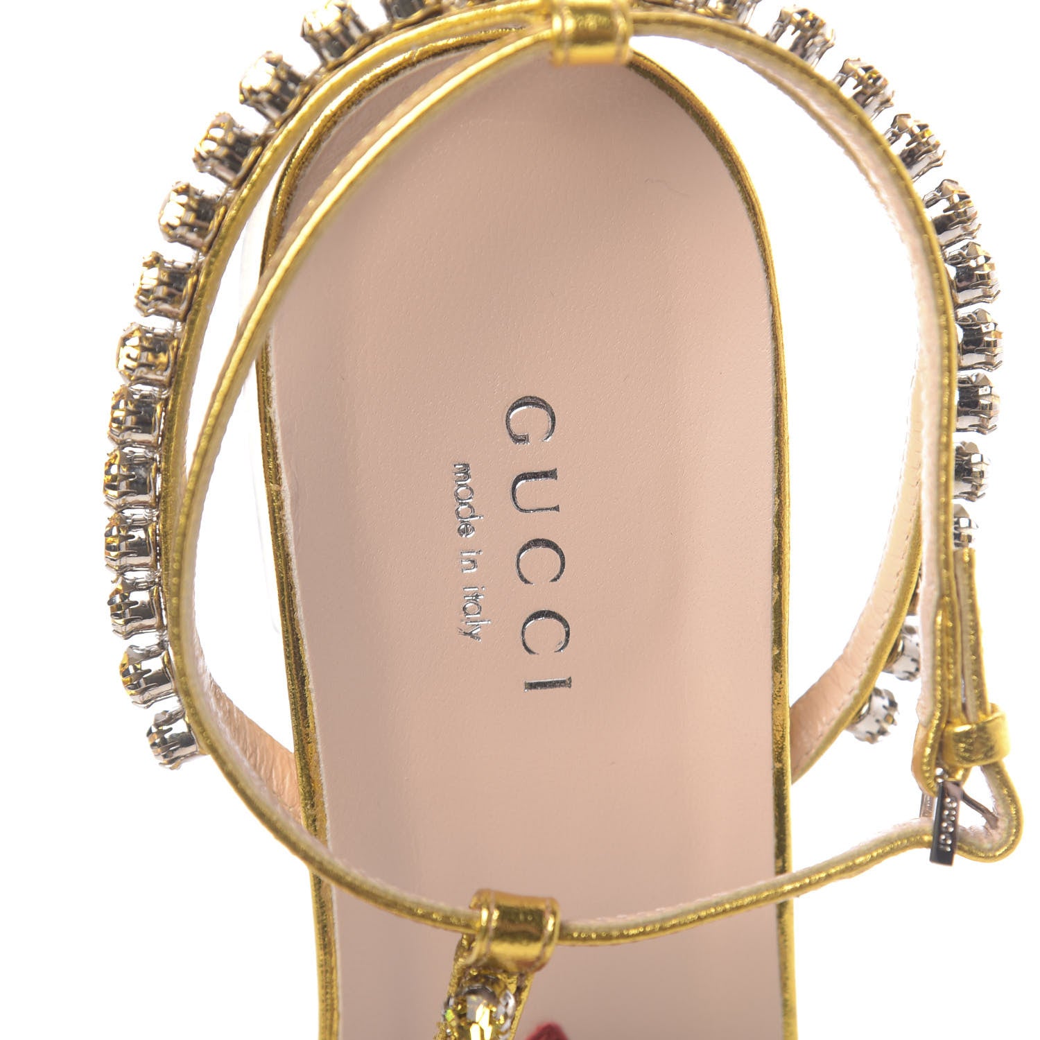 Gucci Nappa Silk Crystal Bertie T-Strap Low Heel Sandals 36 Gold 5 of 9