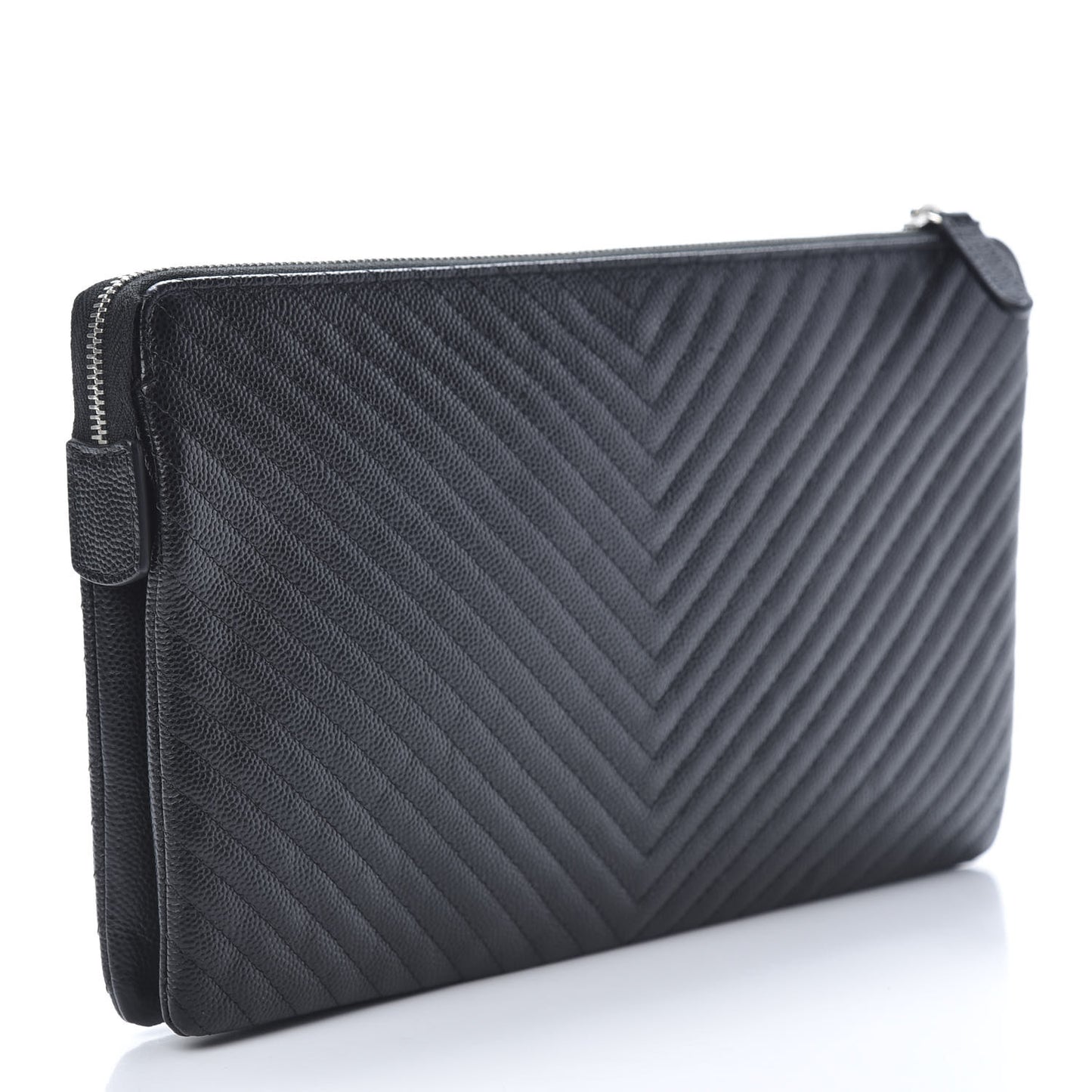 Caviar Chevron Quilted Large Zipped Clutch Black