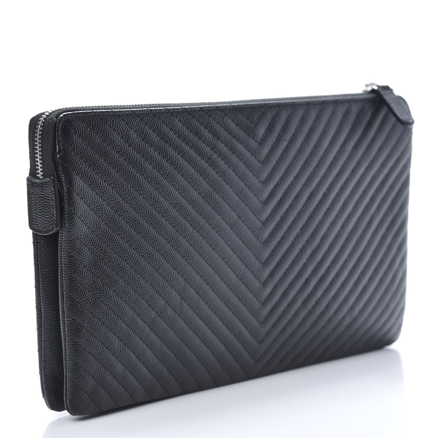 Chanel Caviar Chevron Quilted Large Zipped Clutch Black 3 of 9