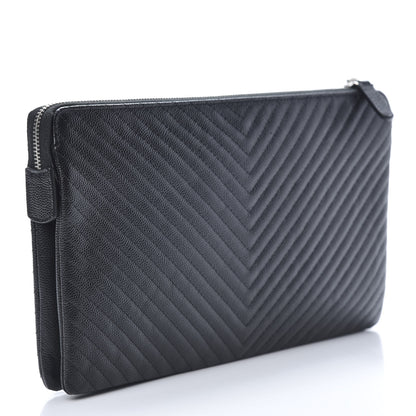 Chanel Caviar Chevron Quilted Large Zipped Clutch Black 3 of 9