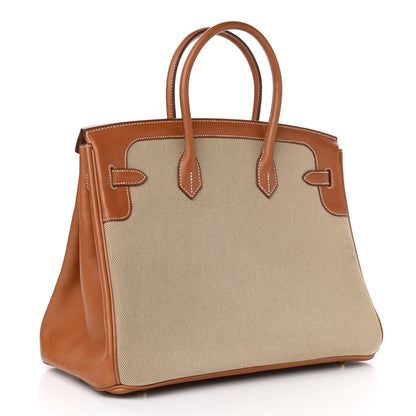 Hermes Toile Natural Barenia Flag Birkin 35 Fauve 3 of 26