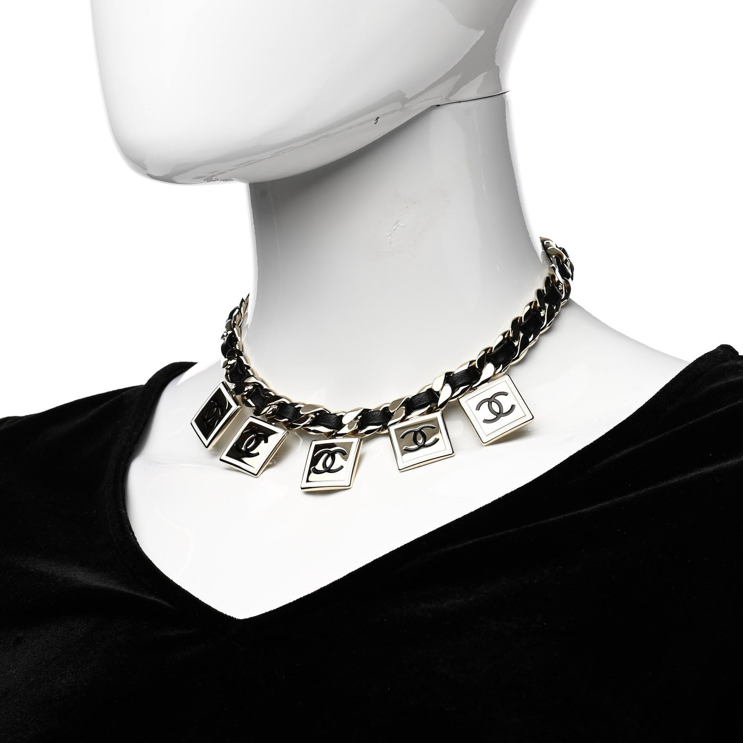 Chanel Metal Lambskin CC Square Charms Choker Gold Black White 2 of 4