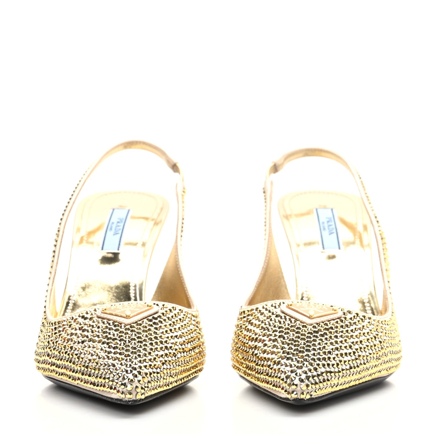 Prada Satin Crystal Triangle Logo 85mm Slingback Pumps 38.5 Platino 2 of 7