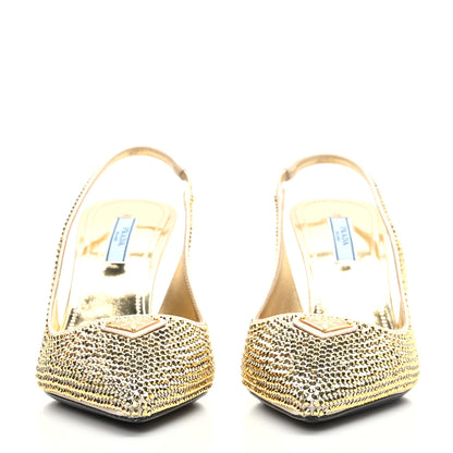Prada Satin Crystal Triangle Logo 85mm Slingback Pumps 38.5 Platino 2 of 7