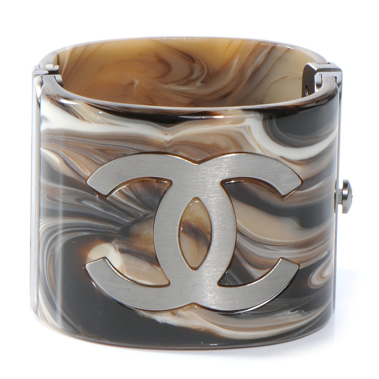 Chanel Resin Brushed Silver CC Cuff Brown 1 of 5