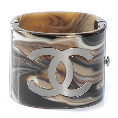 Chanel Resin Brushed Silver CC Cuff Brown 1 of 5