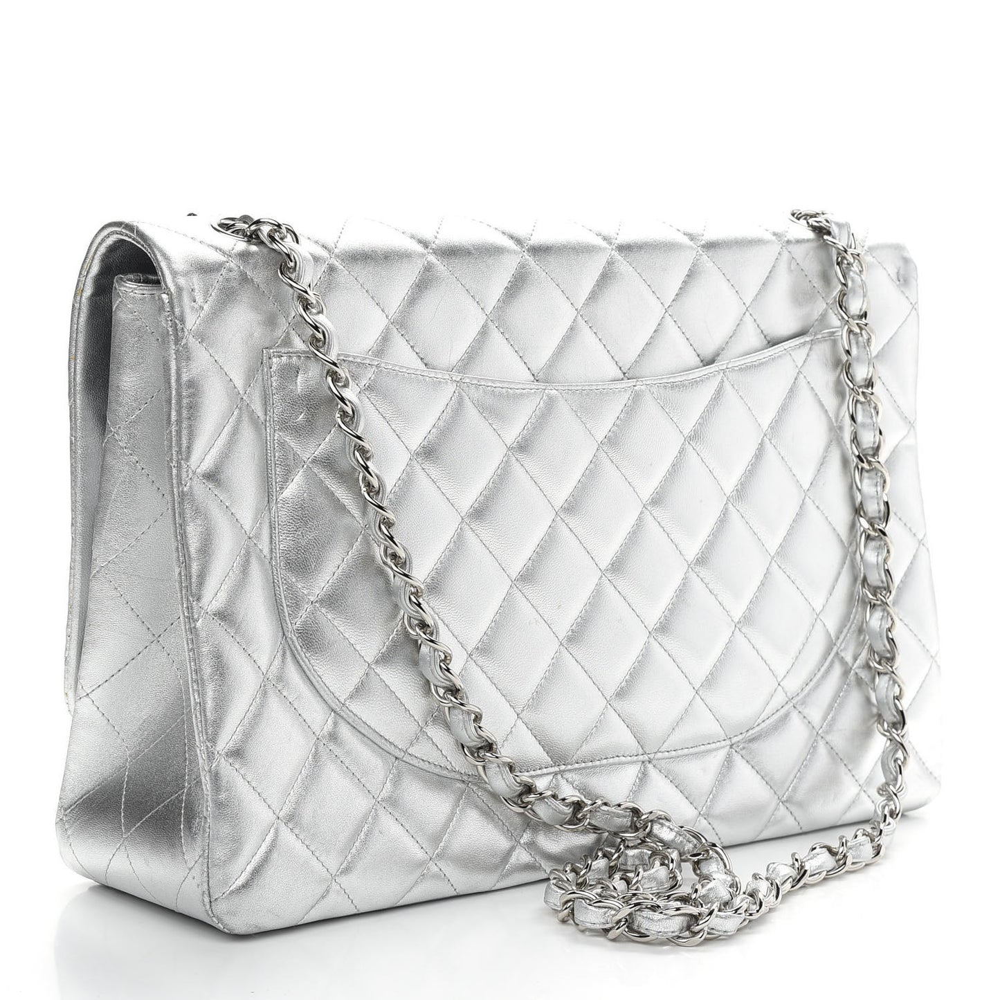 Metallic Lambskin Quilted Maxi Single Flap Silver