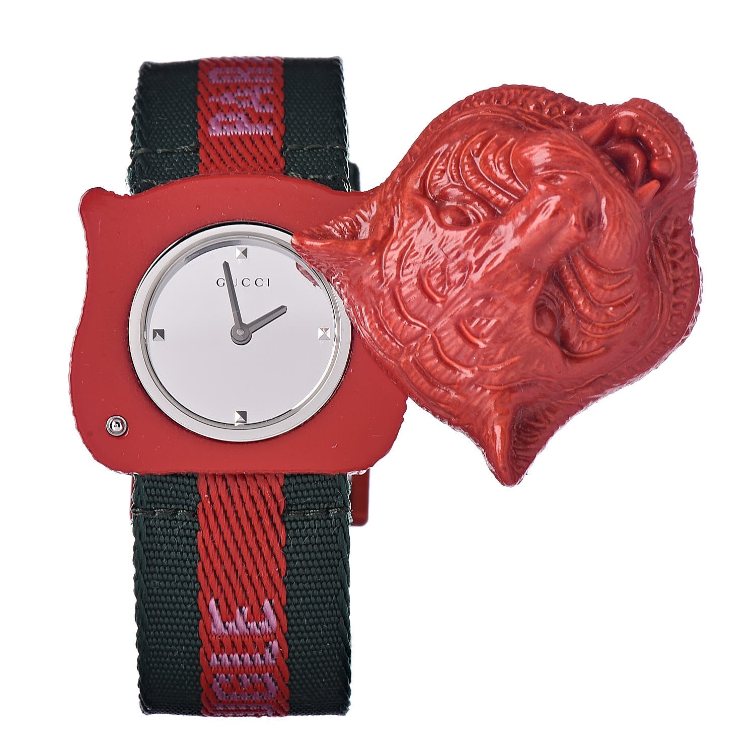 Gucci Stainless Steel Nylon 32mm Le Marche Des Merveilles Tiger Quartz Watch Red 3 of 8