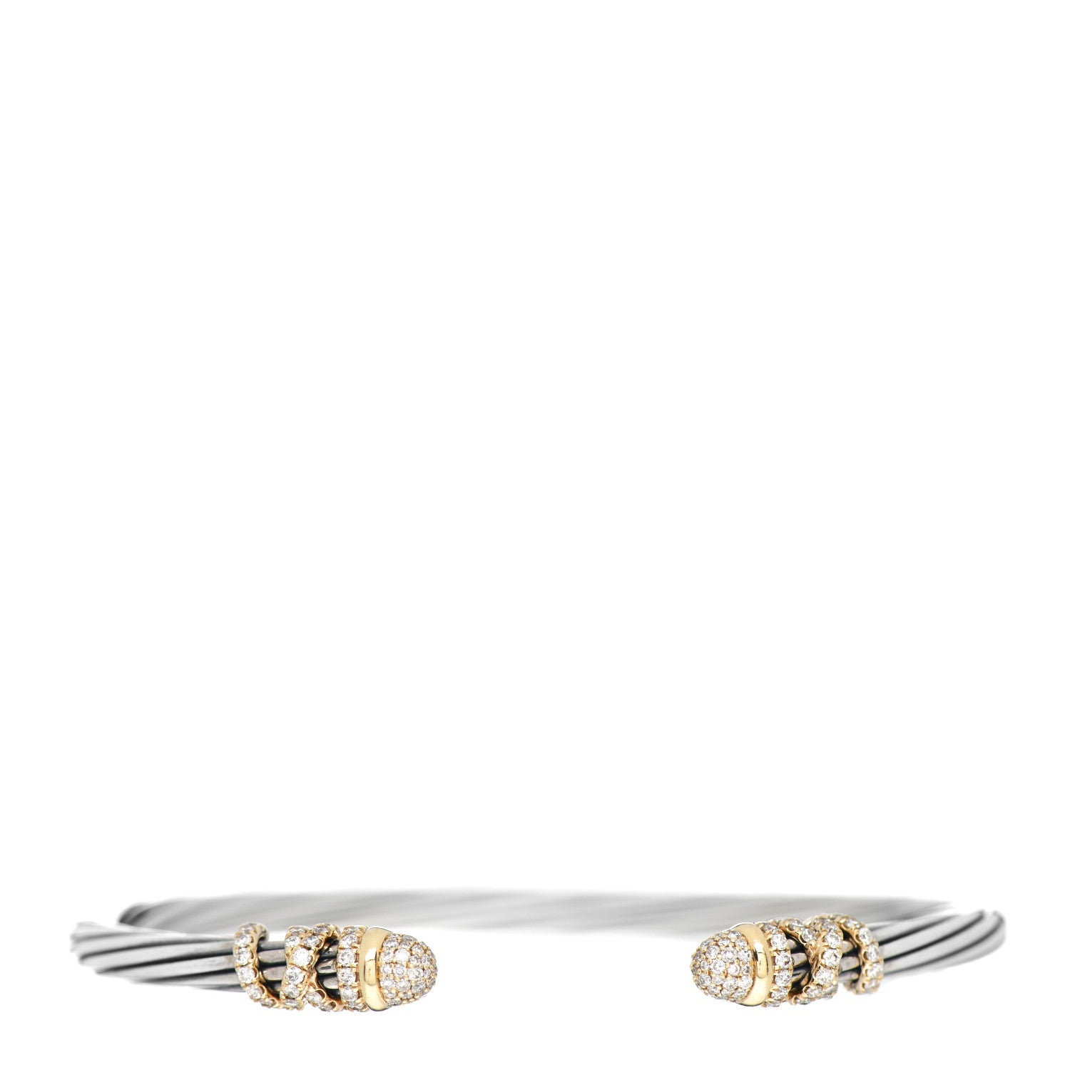 David Yurman Sterling Silver 18K Yellow Gold Diamond Pave 4mm Helena Cuff Bracelet 1 of 3