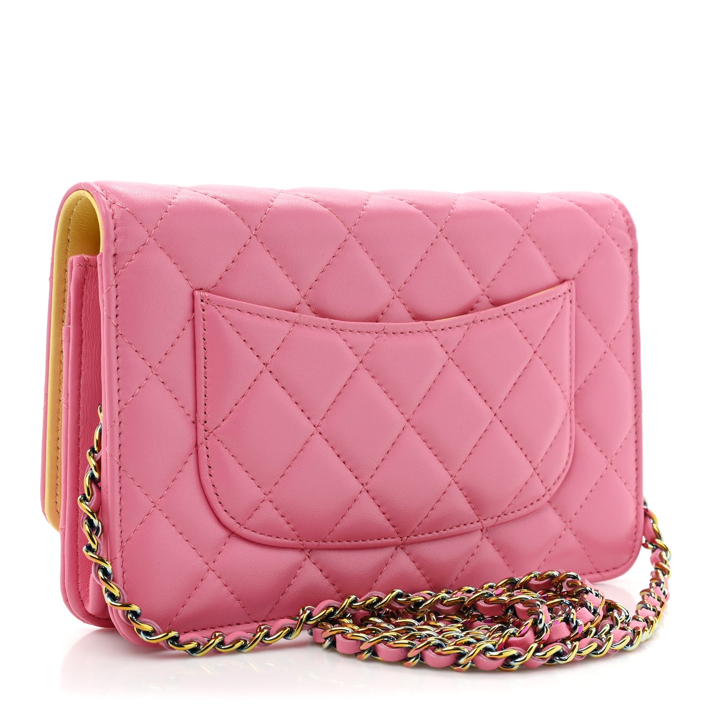 Lambskin Quilted Wallet On Chain WOC Pink Yellow