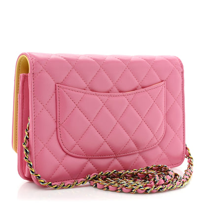 Chanel Lambskin Quilted Wallet On Chain WOC Pink Yellow 3 of 12
