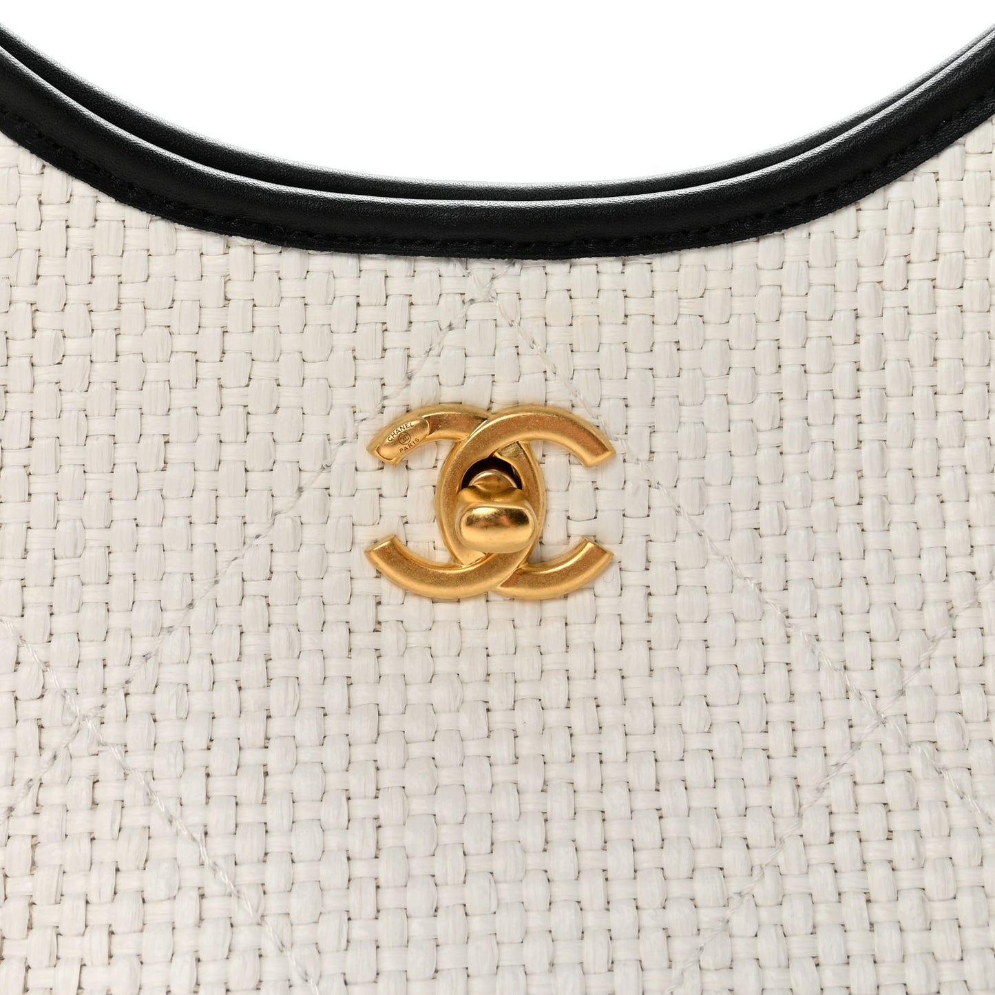 Braided Raffia Calfskin Small Shopping Bag White Black