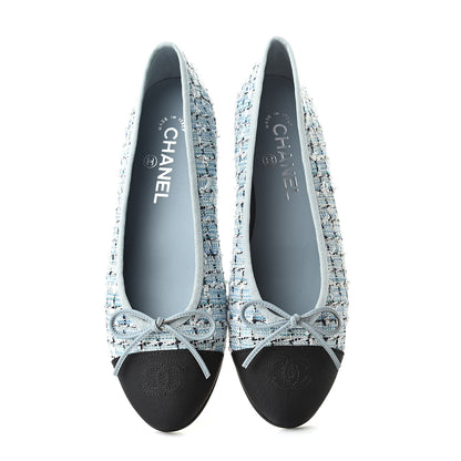 Chanel Tweed Grosgrain Cap Toe Ballerina Flats 37.5 Blue White Navy Black 5 of 9