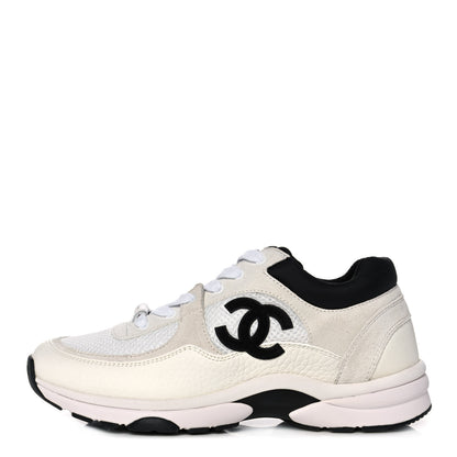 Chanel Mesh Suede Calfskin Grained Calfskin Womens CC Sneakers 37 White Black 1 of 11