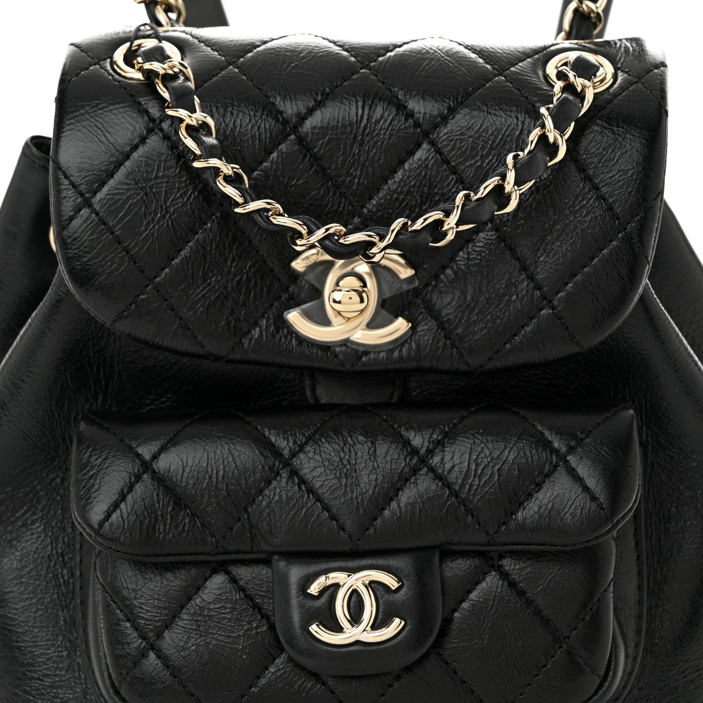 Glazed Aged Calfskin Quilted Small Duma Drawstring Backpack Black