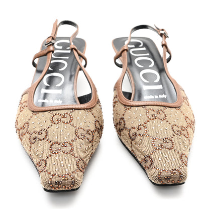 Gucci GG Monogram Malaga Kid Crystal Square G 35mm Slingback Pumps 36 Camel Ebony Cuir 3 of 9