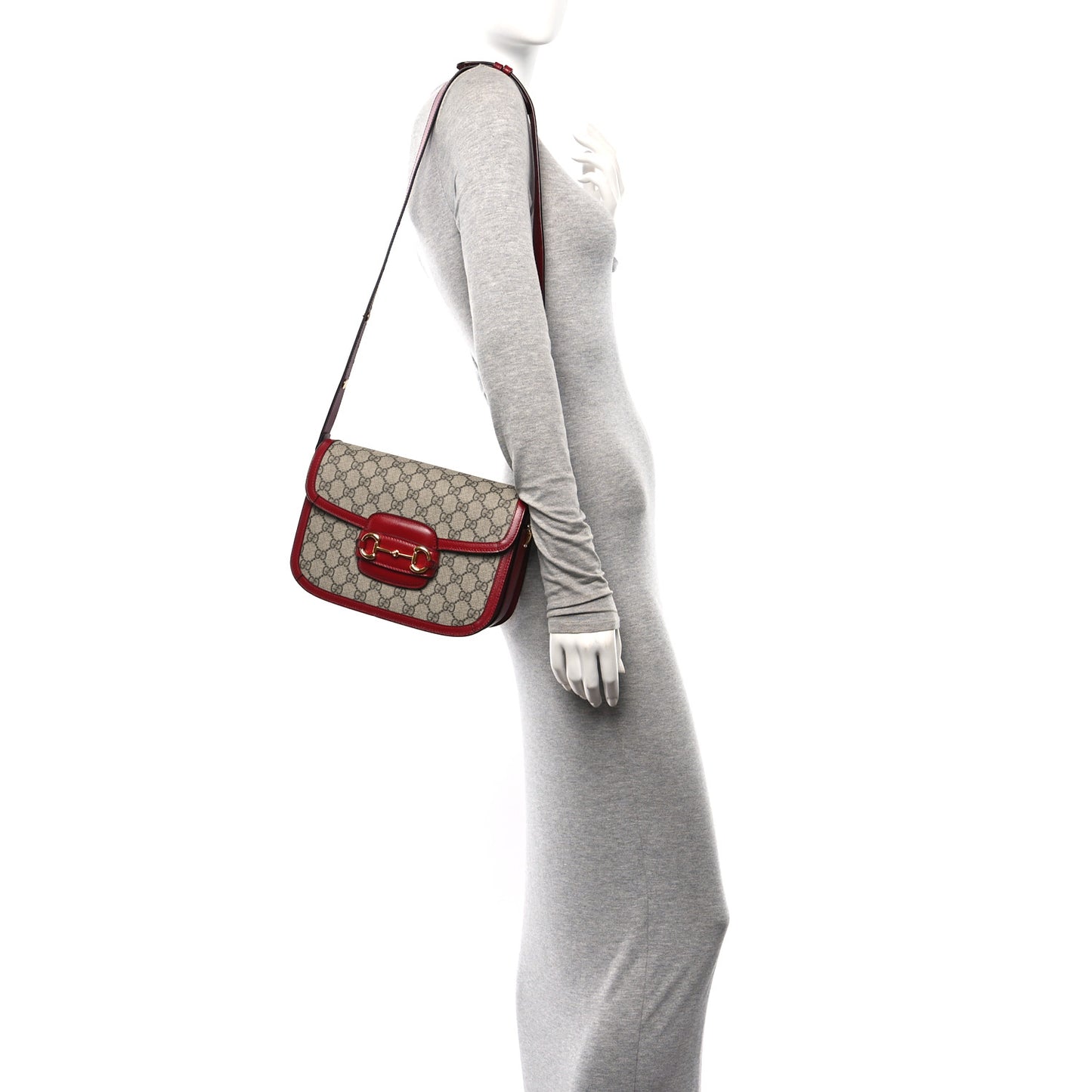 GG Supreme Monogram Azalea Calfskin Horsebit 1955 Shoulder Bag Beige Ebony New Cherry Red