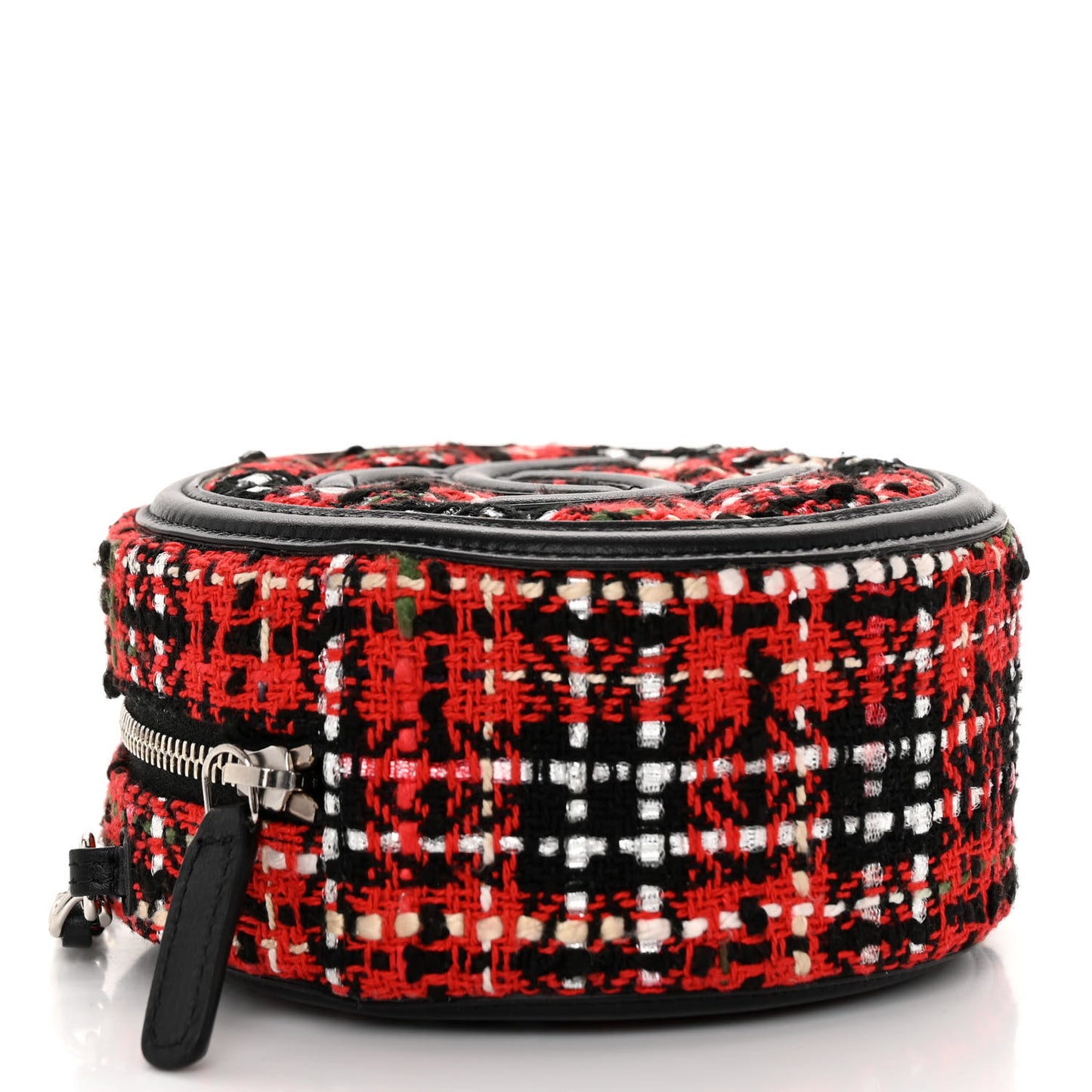 Tweed Quilted Round Filigree Clutch With Chain Red Black